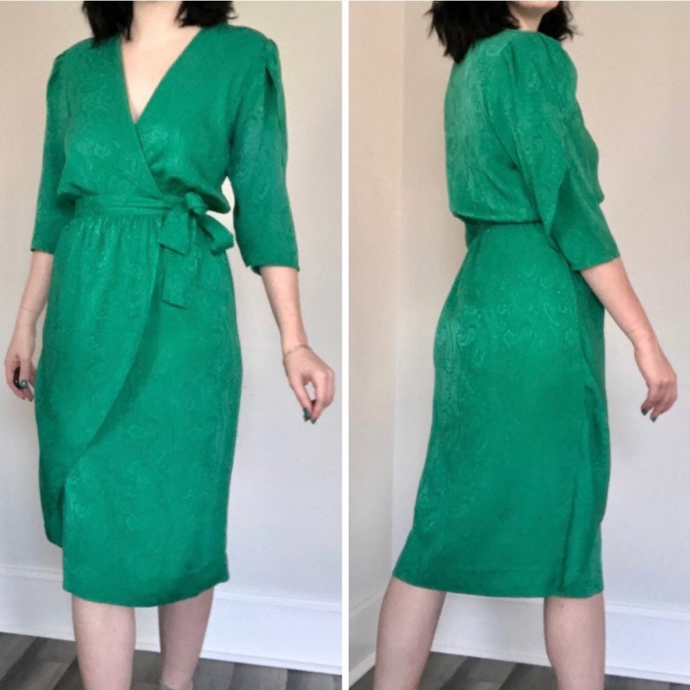 1980s Vintage Faux Wrap Paisley Brocade Silk Dress